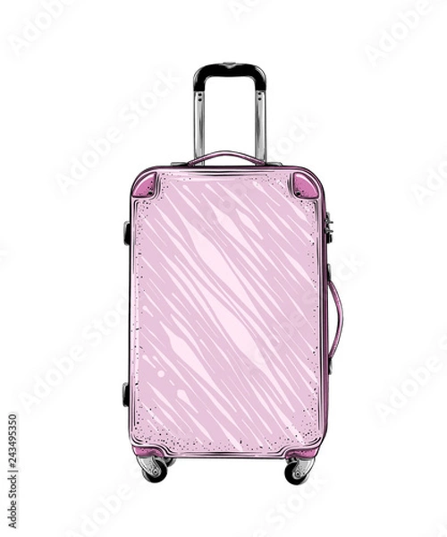 Fototapeta Hand drawn sketch of suitcase in pink color isolated on white background. Detailed vintage style drawing. Vector illustration