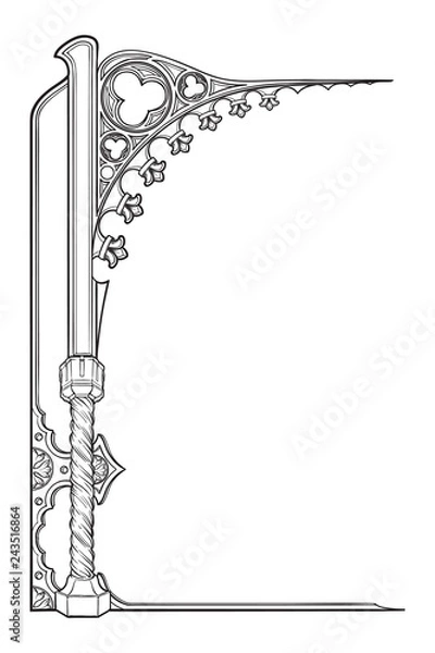 Obraz Medieval manuscript style rectangular frame. Gothic style pointed arch. Vertical orientation. EPS10 vector illustration