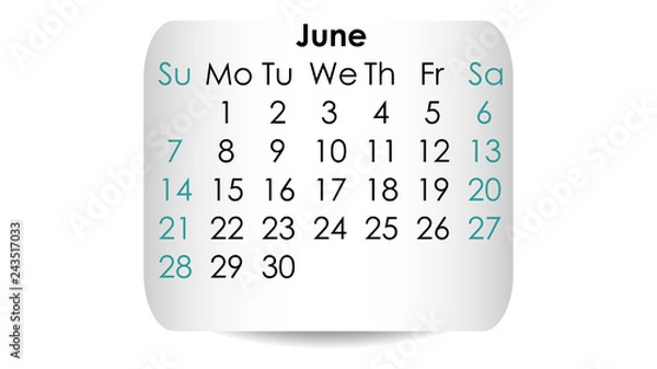 Fototapeta June 2020 vector. Calendar 2020 vector design. Date on the curved stickers 
