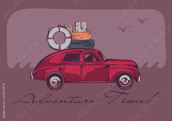 Obraz A red vintage car with a luggage on a top over a seascape and gulls. Retro stylized vector illustration