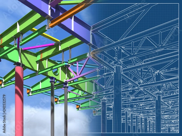Fototapeta Model BIM konstrukcji metalowej. Budynek wykonany jest z konstrukcji metalowych. Model informacji o budynku. Wykształcenie architektoniczne, inżynierskie i konstrukcyjne. Renderowanie 3D. Plan rysunkowy.