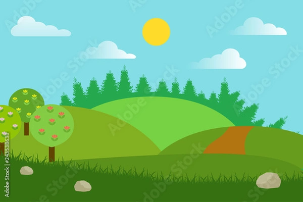 Fototapeta Vector illustration of fields landscape with a green hills, blue sky, and forest in flat style. Rural landscape. Vector illustration.