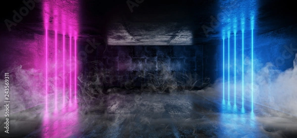 Obraz Neon Glowing Smoke Fog Grunge Concrete Sci Fi Modern Elegant Futuristic Gallery Empty Hall Vibrant Purple And Blue Light Lines Empty Space 3D Rendering