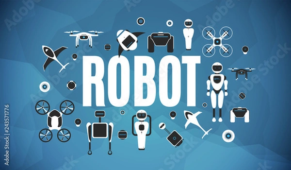 Fototapeta Modern robotic set vector illustration with stylish robot, drone, autonomous vehicle, flying car