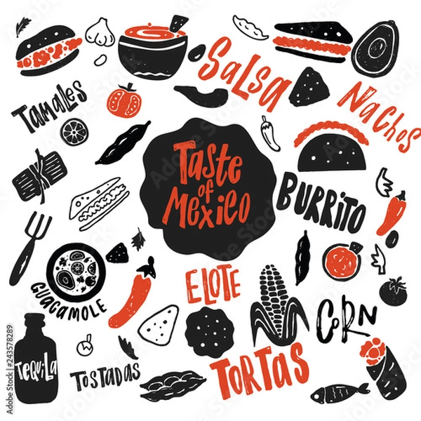Fototapeta Taste of Mexico. Funny hand drawn vector illustration with names of food. Typography poster.