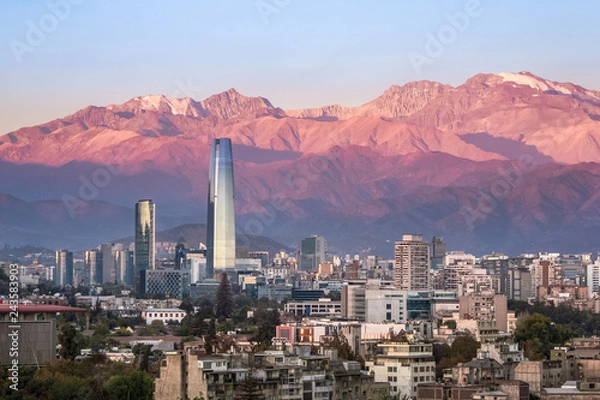 Fototapeta Aaerial view of Santiago skyline at sunset with Andes Mountains - Santiago, Chile
