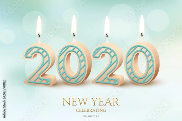 Fototapeta 2020 New Year celebration horizontal design concept. Vector 2020 burning candles and New Year Celebration text on blurred blue background.