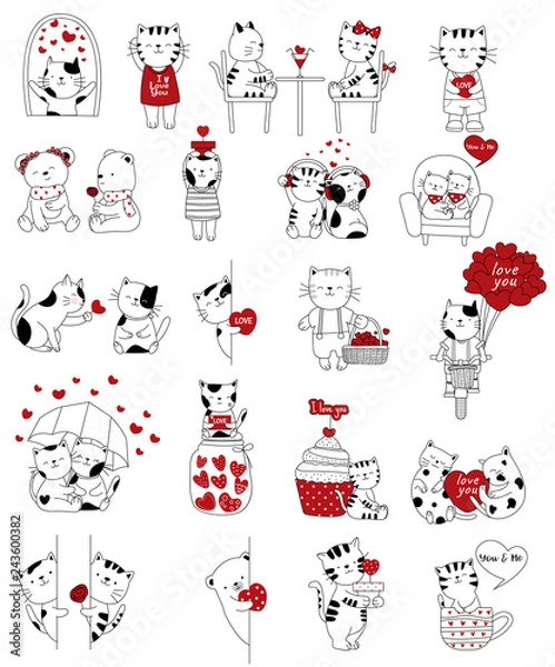 Fototapeta Valentine's Day background with cute baby cat cartoon hand drawn style