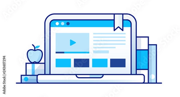 Obraz Training, education, online tutorial, e-learning concept. Laptop with video online training on the screen. Flat vector illustration