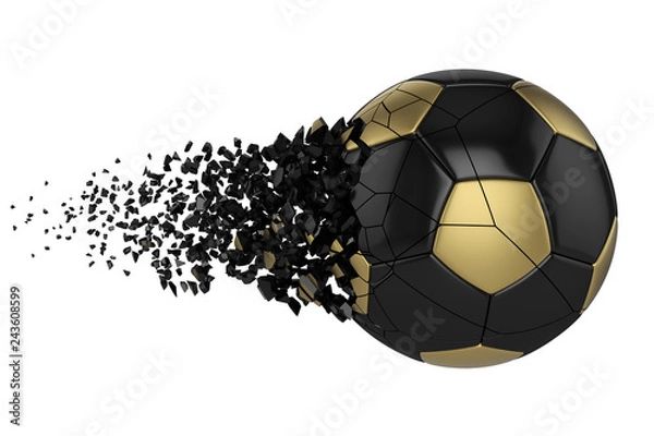 Fototapeta Shattering soccer ball 3D realistic raster illustration. Football ball with explosion effect. Isolated design element.