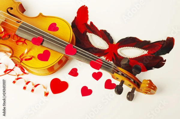 Fototapeta Violin, carnival mask and red hearts on a white background