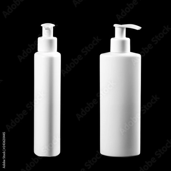Obraz White bottle with liquid soap. Close up. Isolated on black background
