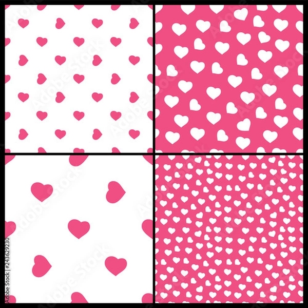 Fototapeta Set of Four Abstract Seamless White, Purple and Pink Heart Patterns - Valentine's Day Card or Background Vector Design 