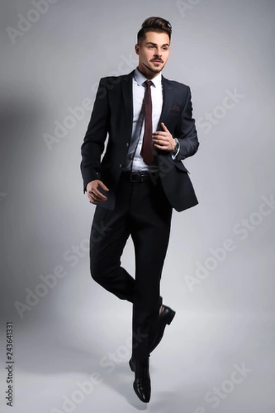 Fototapeta Stylish businessman on grey background