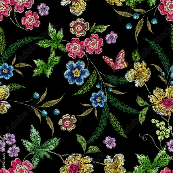 Fototapeta Embroidery seamless floral neckline pattern with flowers and butterflies