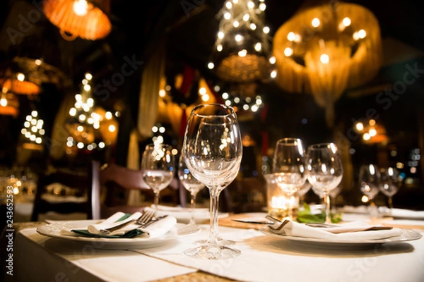 Fototapeta Served dinner table. Restaurant interior