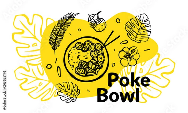 Fototapeta Poke Bowl Hawaiian dish with rice, fresh fish, vegetables, spices and greens. Colorful linear vector illustration for web and printing.