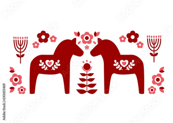 Fototapeta Red Swedish dala horse and red pink floer patterns illustrate vector