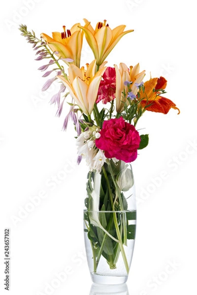 Obraz Blooming bouquet of flowers in a transparent vase with water. Isolated on white background.