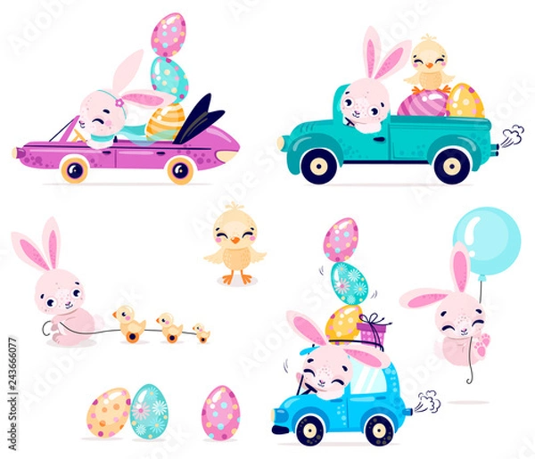 Obraz Set of cute Easter rabbits with Easter eggs and chicken. Transport with Easter bunny. Collection of Easter bunny isolated on white background. Vector illustration