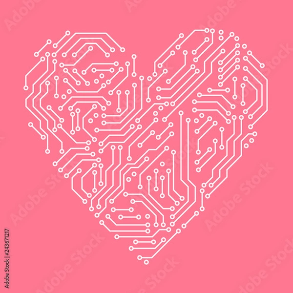Fototapeta Printed circuit board pink and white heart shape computer technology, vector