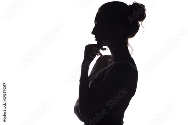Obraz profile silhouette of a pensive girl with a hand at the chin, a young woman on a white isolated background