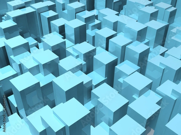 Fototapeta Random extruded shiny blue boxes. 3d illustration