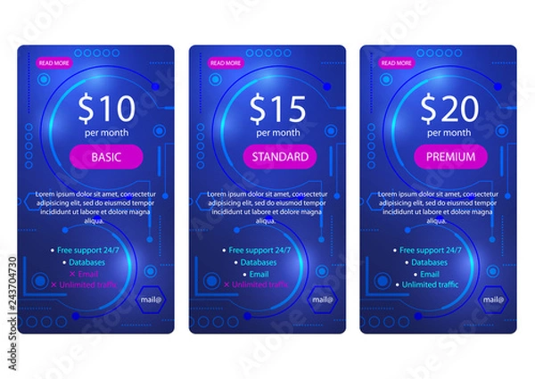 Fototapeta Three tariffs. interface for the site. Future technology banner .Pricing Table.