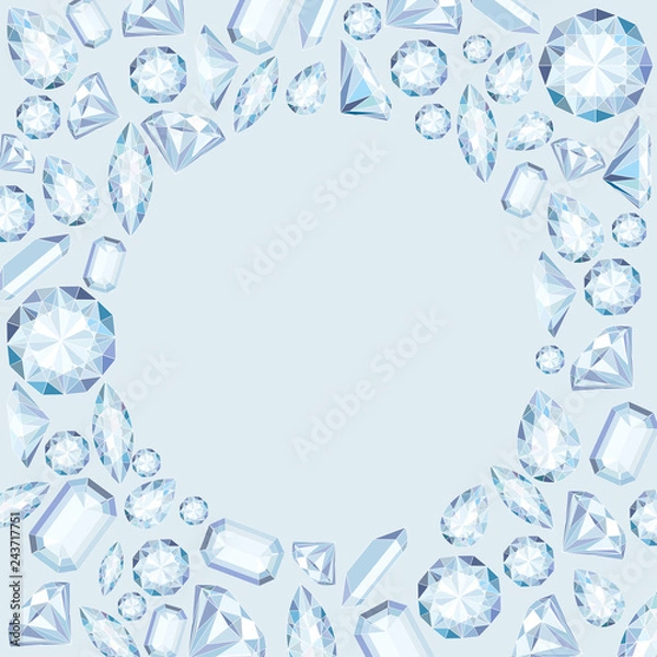 Fototapeta Vector circle frame with diamonds and crystals pastel color background with bright gem