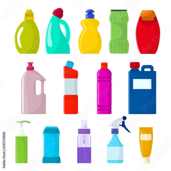 Fototapeta Detergent bottle vector plastic blank container with detergency liquid and mockup household cleaner product for laundry illustration set of cleanup deterge package sprayer isolated on white background