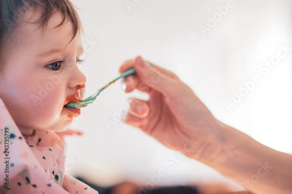 Obraz feeding a baby puree with a spoon