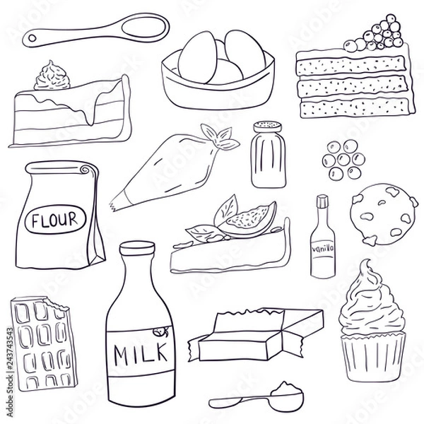 Fototapeta Hand drawn set of baking ingredients and desserts. Cake, chocolate and cookie. Vector illustration.