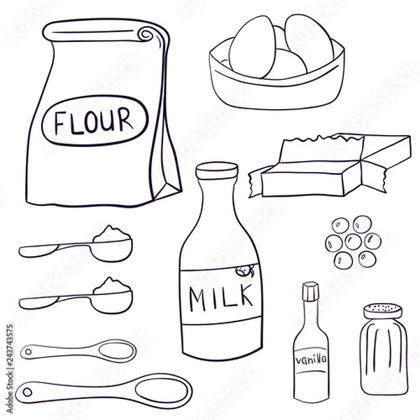 Fototapeta Hand drawn set of baking ingredients and desserts. Cake, chocolate and cookie. Vector illustration.