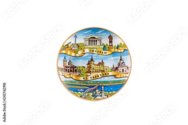 Fototapeta ceramic souvenir toy in the form of plate with beautiful color painting on isolated white background reflecting the national Russian culture with the inscription in Russian: