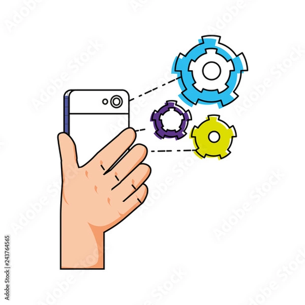 Fototapeta hand using smartphone with gear settings