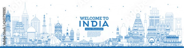 Obraz Zarys Witamy w panoramie miasta Indii z niebieskimi budynkami.