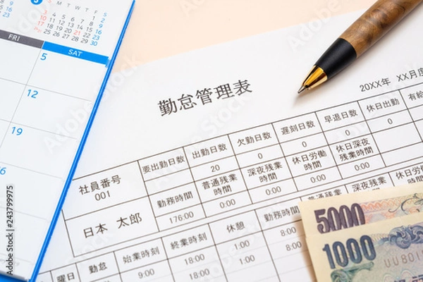 Fototapeta 勤怠管理表　出勤　勤務　残業　社員　アルバイト