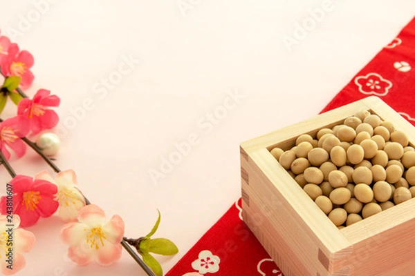 Obraz 豆まきの大豆と鬼のお面で節分のイメージ