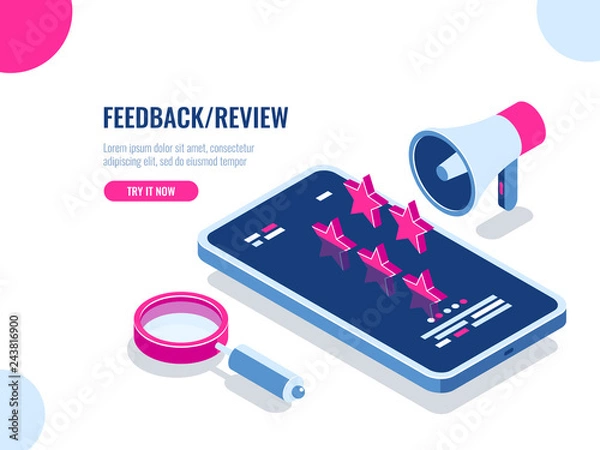 Obraz Informacje zwrotne i recenzja na temat aplikacji mobilnej, wiadomość rekomendacyjna, reputacja w Internecie, izometryczny wektor reklamy cyfrowej