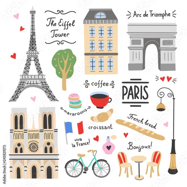 Fototapeta Paris vector set on white background. French symbols and icons. Visit Paris illustrations: architecture, The Eiffel Tower, parisian cafe, bicycle