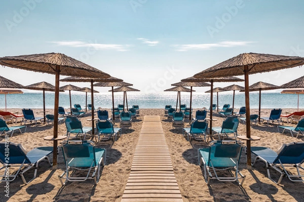 Obraz Beach With Lounge chairs and Umbrellas