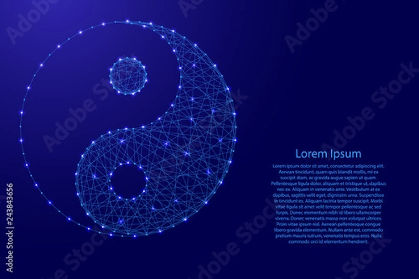 Fototapeta Yin-yang symbol uniwersalności i harmonii dualizmu sił z futurystycznych wielokątnych niebieskich linii i świecących gwiazd na baner, plakat, kartkę z życzeniami. Ilustracji wektorowych.