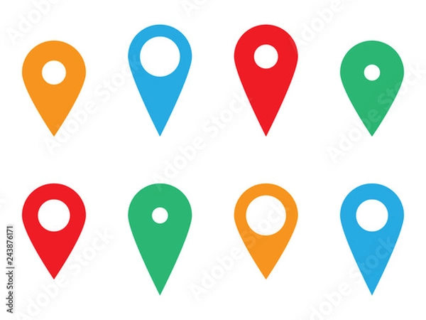 Fototapeta Map pin icon set, pointer symbol, location marker sign, color isolated on white background, vector illustration.