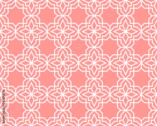 Fototapeta Abstract geometry pattern in Arabian style. Seamless vector background. White and pink graphic ornament. Simple lattice graphic design