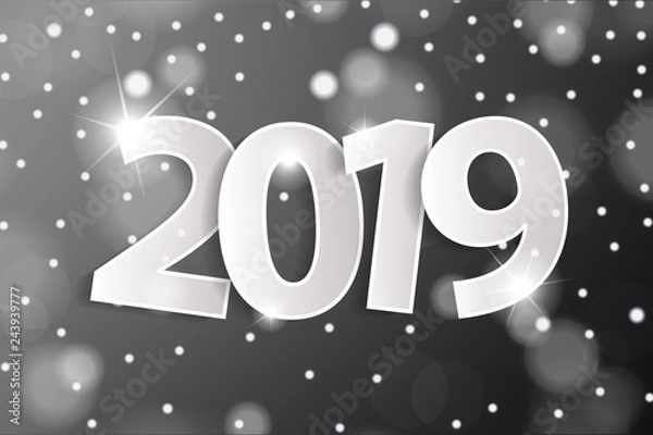 Fototapeta Grey Happy New Year 2019 greeting card concept with paper cuted white numbers. Vector illustration