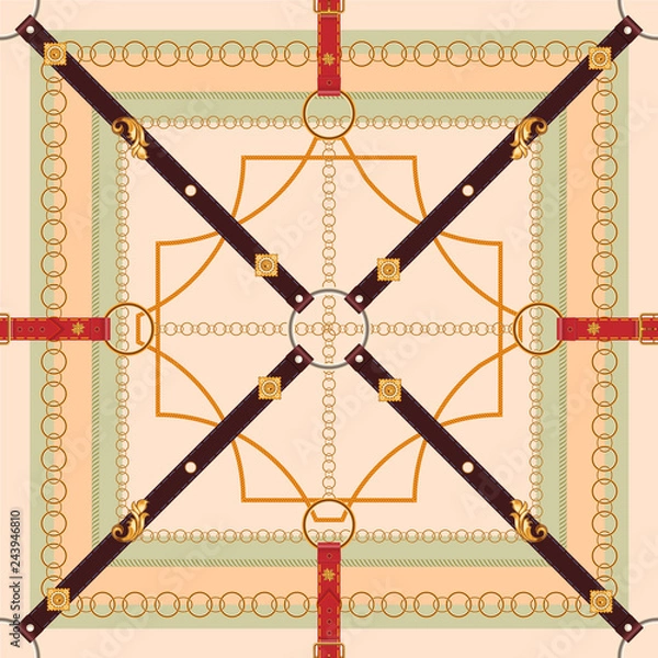 Obraz Baroque seamless pattern with belts and chains. Vector patch for print, fabric, scarf
