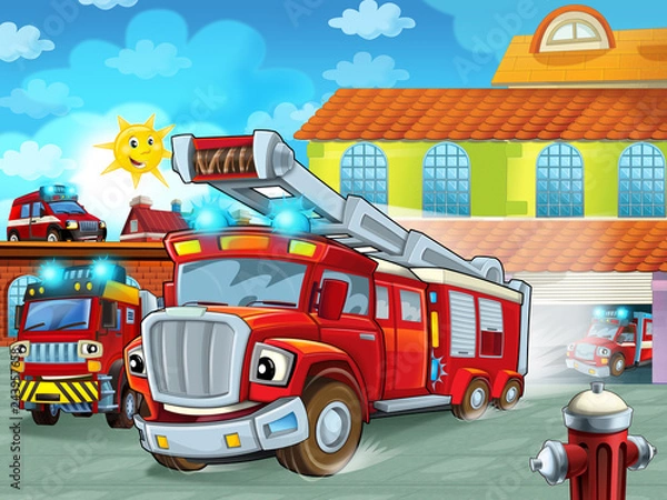 Fototapeta cartoon firetruck driving out of fire station to action - different fireman vehicles - illustration for children