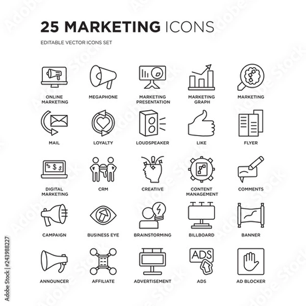 Fototapeta Set of 25 Marketing linear icons such as Online marketing, Megaphone, marketing Presentation, Graph, , vector illustration of trendy icon pack. Line icons with thin line stroke.