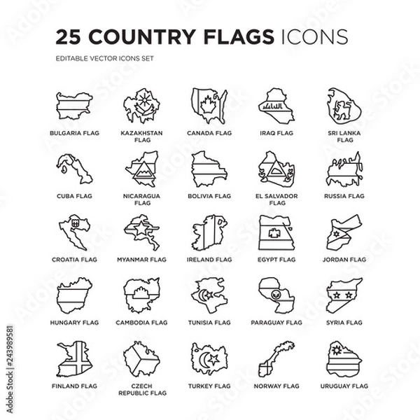 Fototapeta Set of 25 Country Flags linear icons such as Bulgaria flag, Kazakhstan Canada Iraq Sri Lanka flag, vector illustration of trendy icon pack. Line icons with thin line stroke.