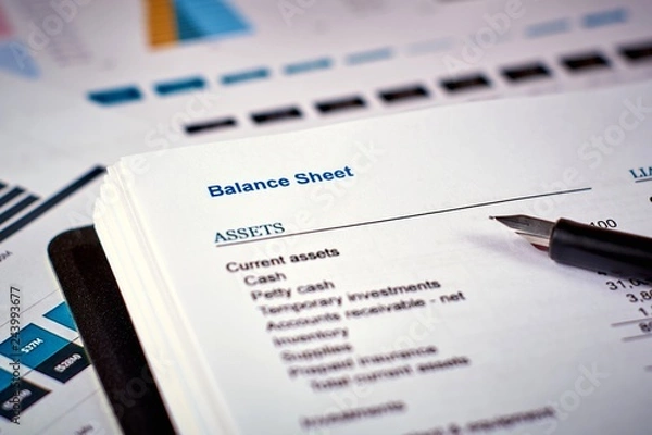 Fototapeta balance sheet and pen on the background of financial documents, close-up